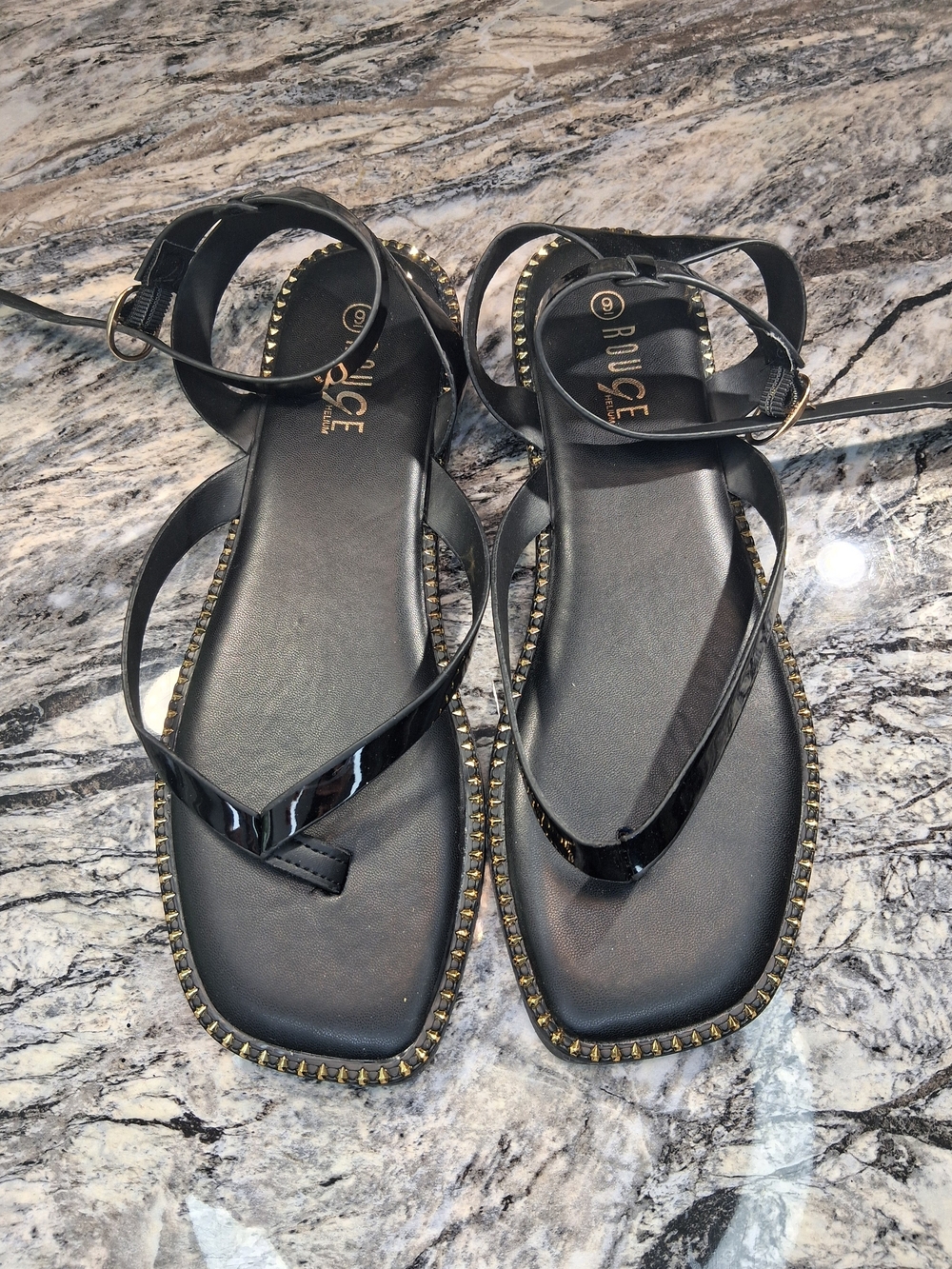 Rouge! Black Patent Flat Sandals with Gold Stud Edge
